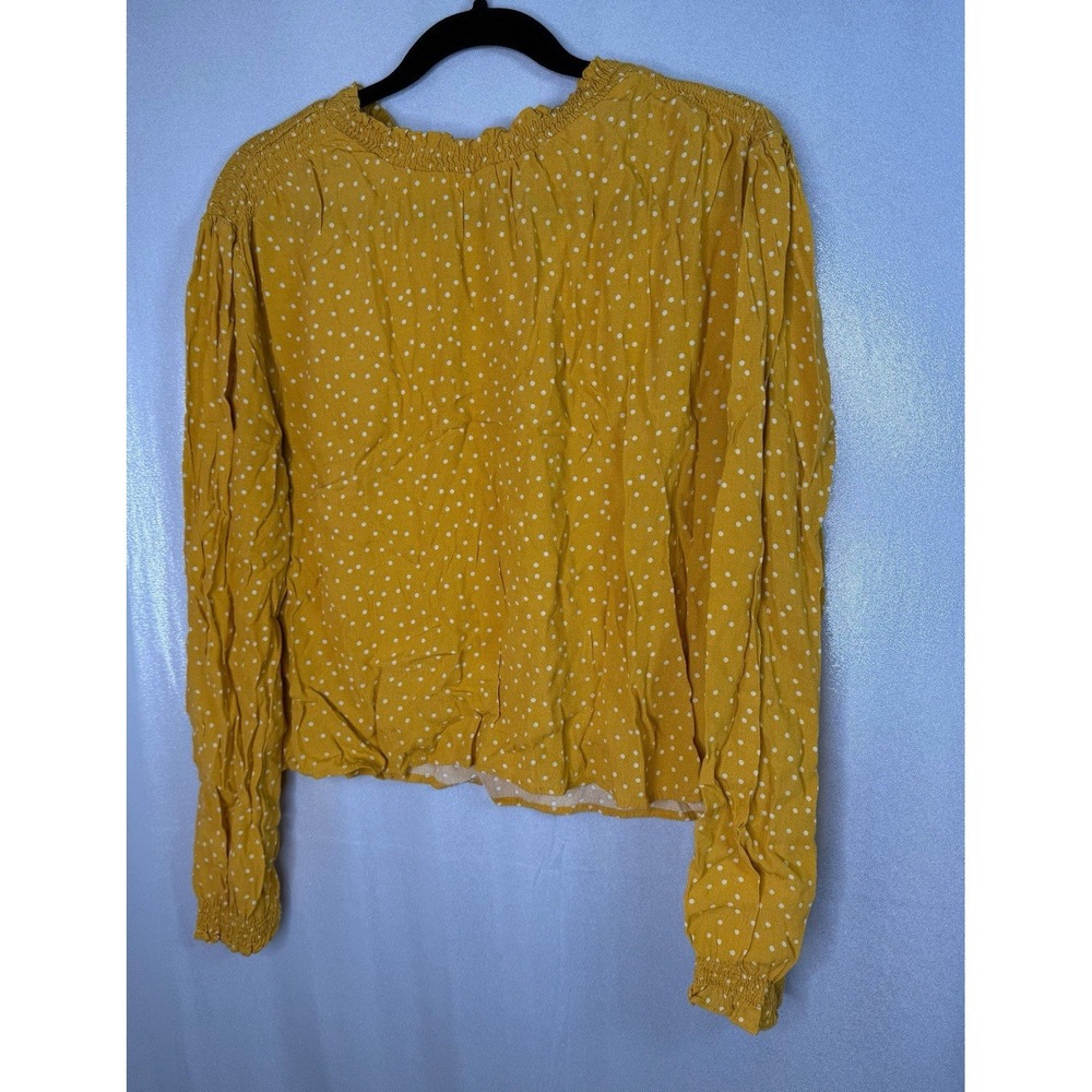 Women's Yellow White Polka Dot Ruffle Mock Neck Long Sleeve Pullover Blouse M